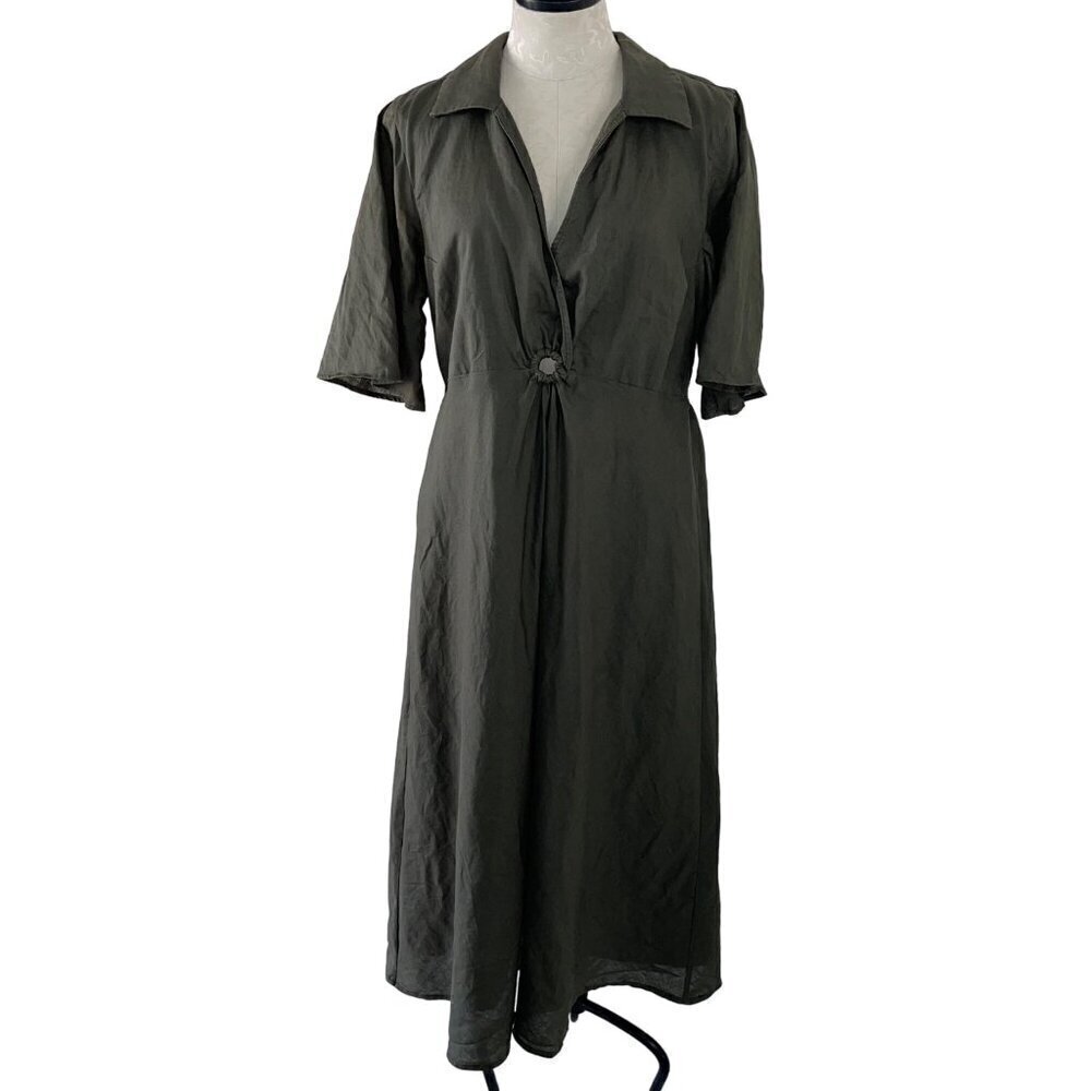 Country Road Womens Dress Size 14 Olive Cut Out Midi Elasticized Waist Collared